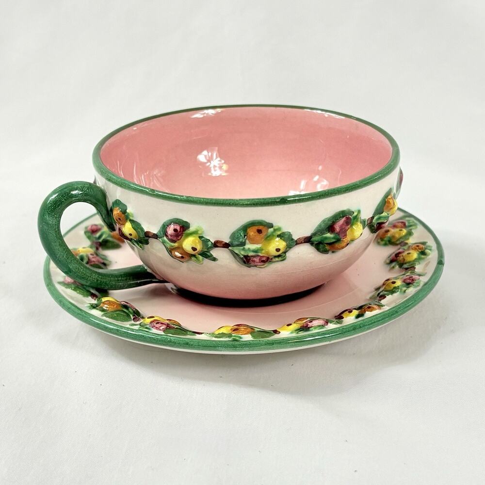 Vtg Italian Majolica Tea Cup & Saucer Pink Fruit Relief Pears Berries Italy 5233